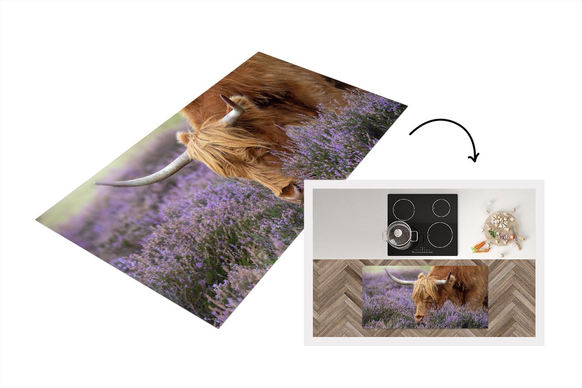 KitchenYeah Keukenloper - Loper keuken - Schotse Hooglander - Dieren - Heide - 120x60 cm - Keukenloper vinyl Multicolor