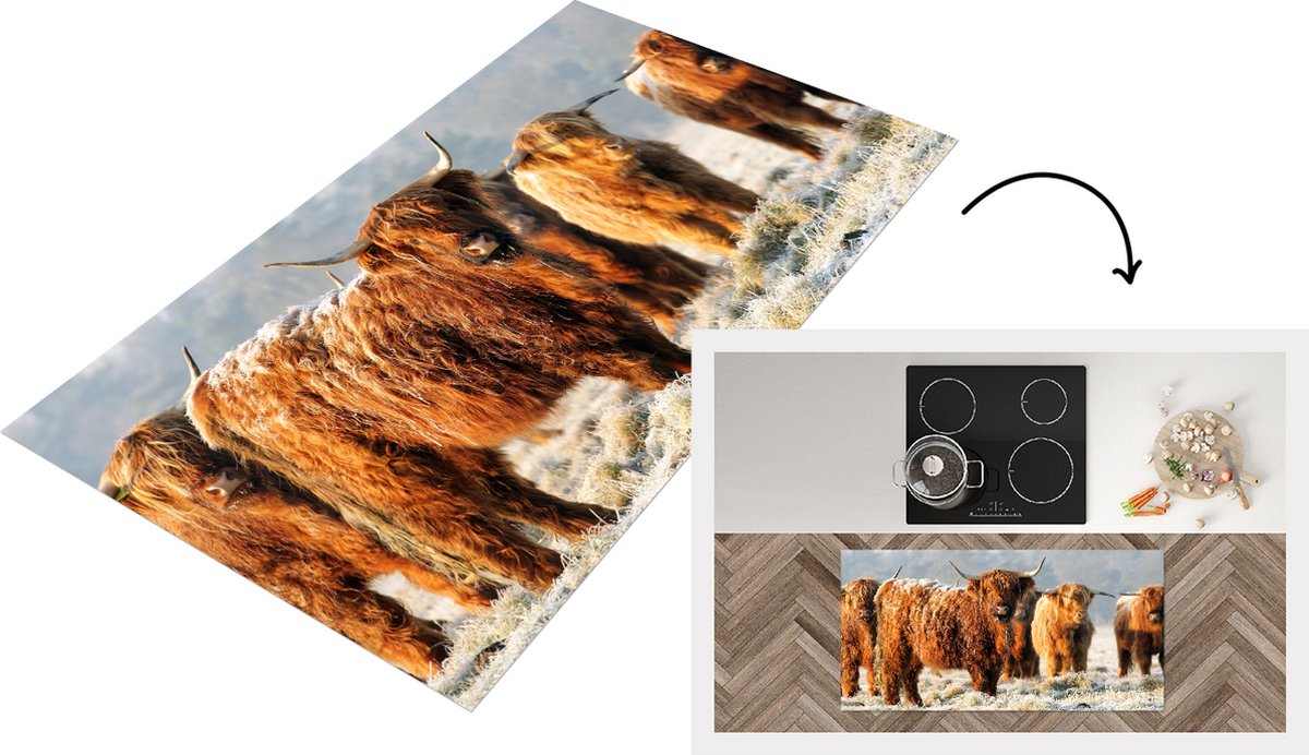 KitchenYeah Keukenloper - Loper keuken - Schotse Hooglanders - Sneeuw - Bos - 120x60 cm - Keukenloper vinyl Multicolor
