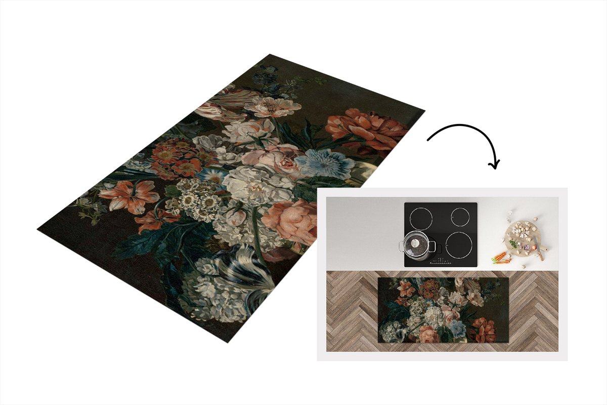 KitchenYeah Keukenloper - Loper keuken - Stilleven met bloemen - Schilderij van Cornelia van der Mijn - 120x60 cm - Keukenloper vinyl Multicolor