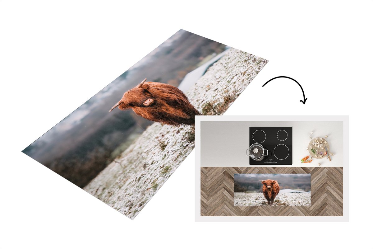 KitchenYeah Keukenloper - Loper keuken - Schotse hooglander - Sneeuw - Lucht - 120x50 cm - Keukenloper vinyl Multicolor