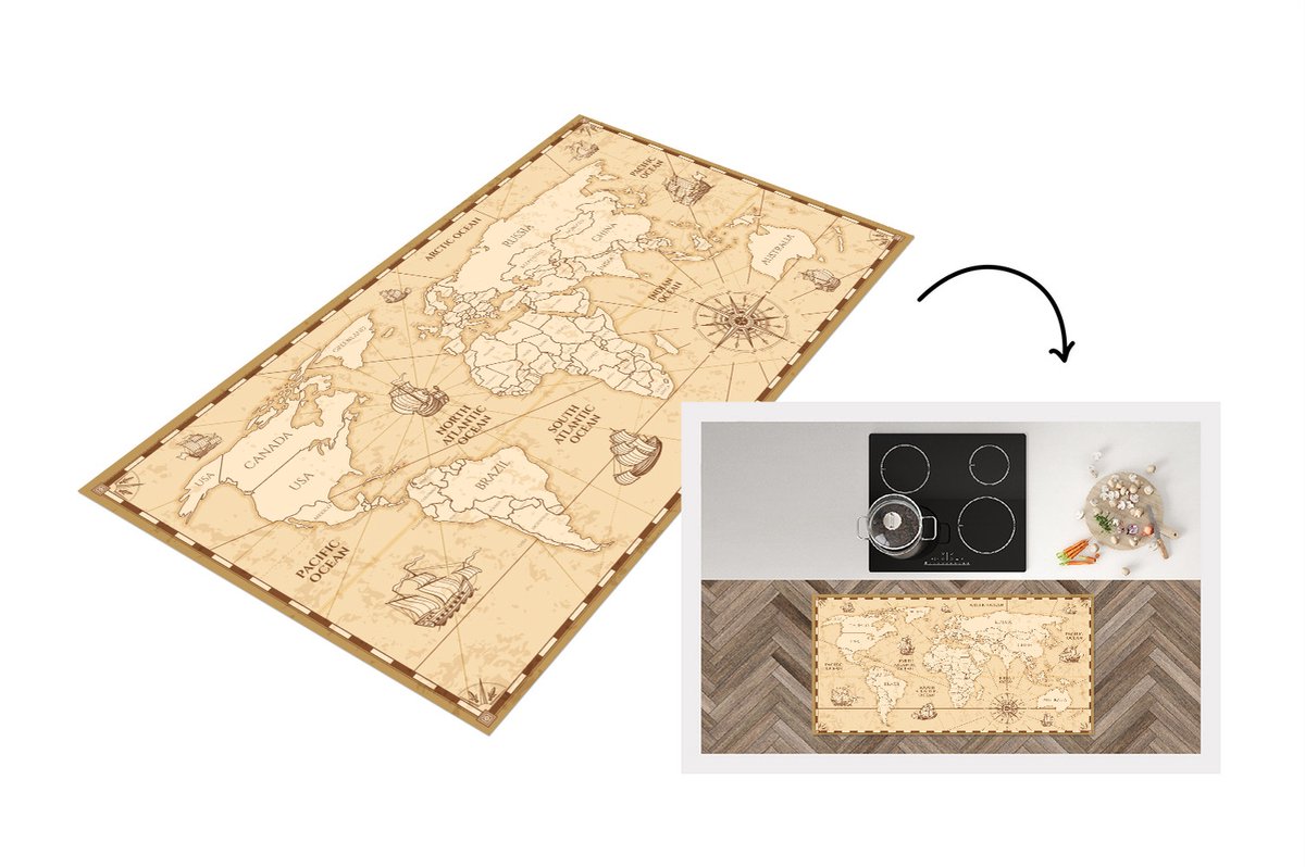 KitchenYeah Keukenloper - Loper keuken - Wereldkaart - Vintage - Boot - Windroos - 120x60 cm - Keukenloper vinyl Multicolor