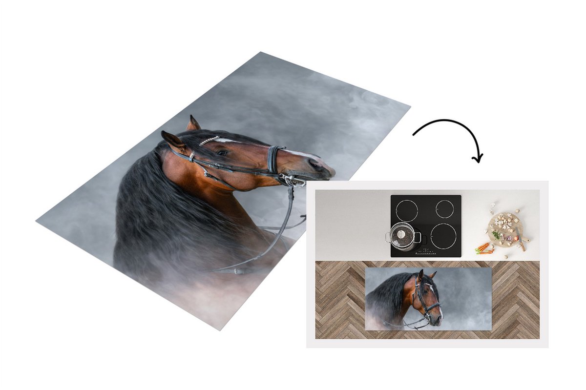 KitchenYeah Keukenloper - Loper keuken - Paard - Rook - Halster - 120x60 cm - Keukenloper vinyl Multicolor