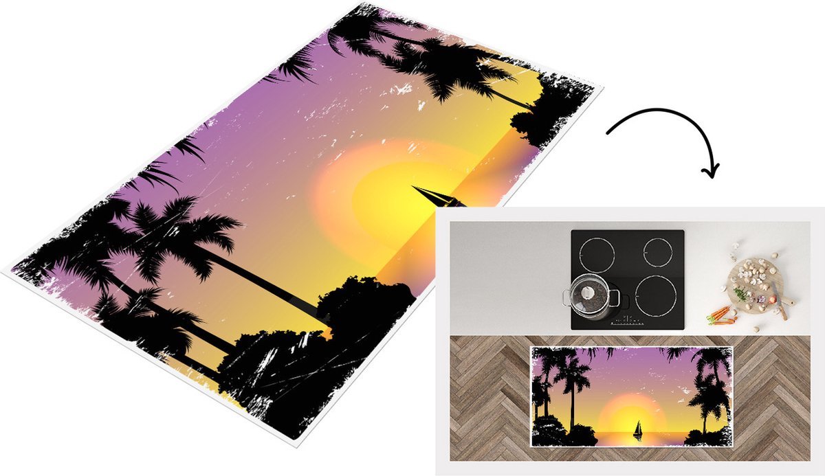 KitchenYeah Keukenloper - Loper keuken - Boot - Palmboom - Zee - Tekening - 120x60 cm - Keukenloper vinyl Multicolor