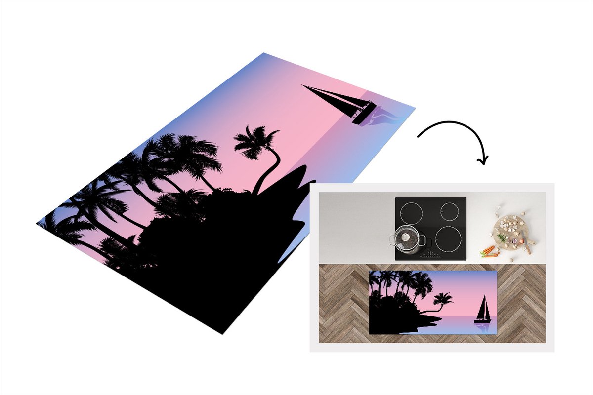 KitchenYeah Keukenloper - Loper keuken - Boot - Palmboom - Zomer - Nacht - 120x60 cm - Keukenloper vinyl Multicolor