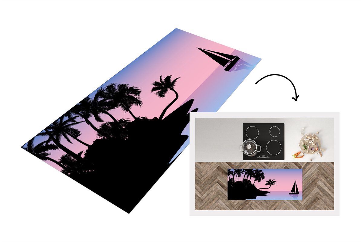 KitchenYeah Keukenloper - Loper keuken - Boot - Palmboom - Zomer - Nacht - 120x50 cm - Keukenloper vinyl Multicolor