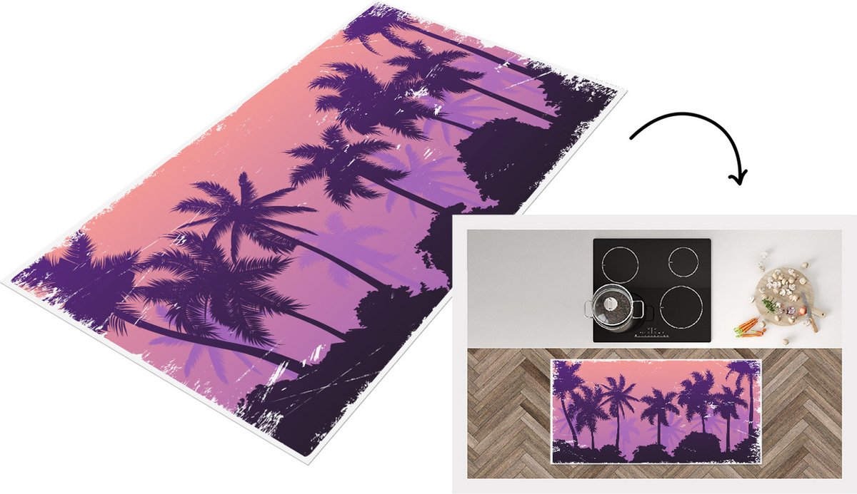 KitchenYeah Keukenloper - Loper keuken - Palmbomen - Nacht - Zomer - 120x60 cm - Keukenloper vinyl Multicolor