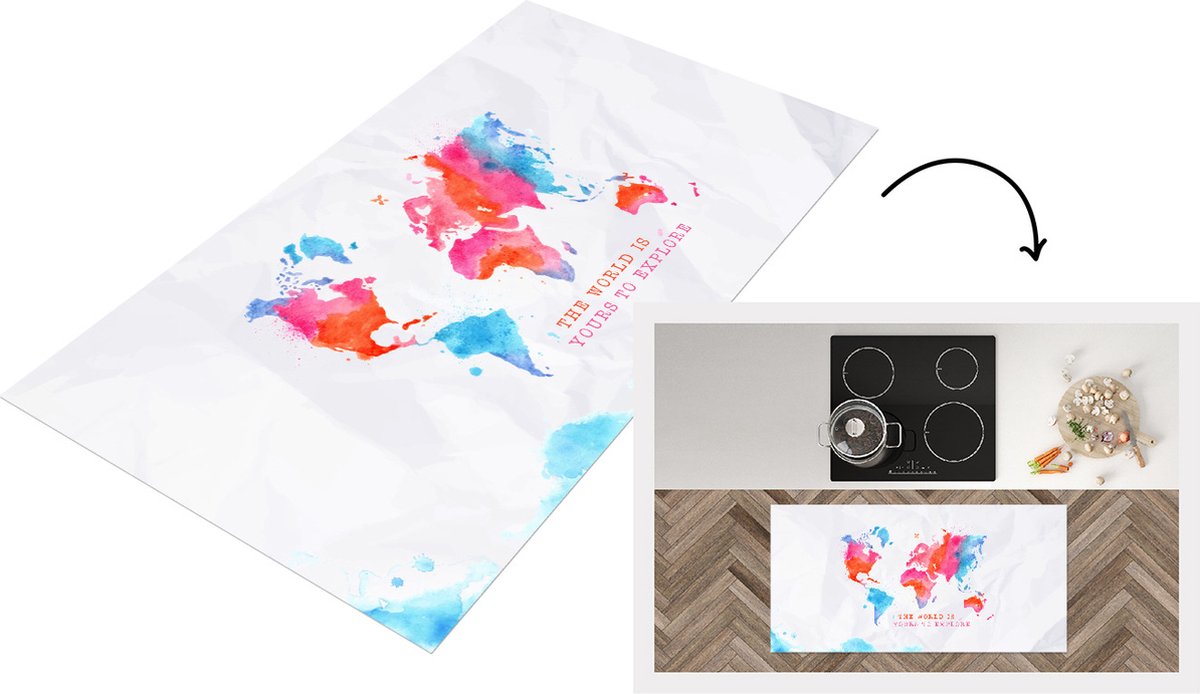 KitchenYeah Keukenloper - Loper keuken - Kaart - Aquarelverf - Tekst - Wit - 120x60 cm - Keukenloper vinyl Multicolor