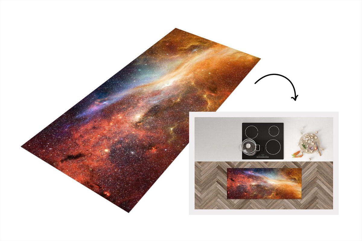 KitchenYeah Keukenloper - Loper keuken - Ruimte - Sterren - Oranje - 120x50 cm - Keukenloper vinyl Multicolor