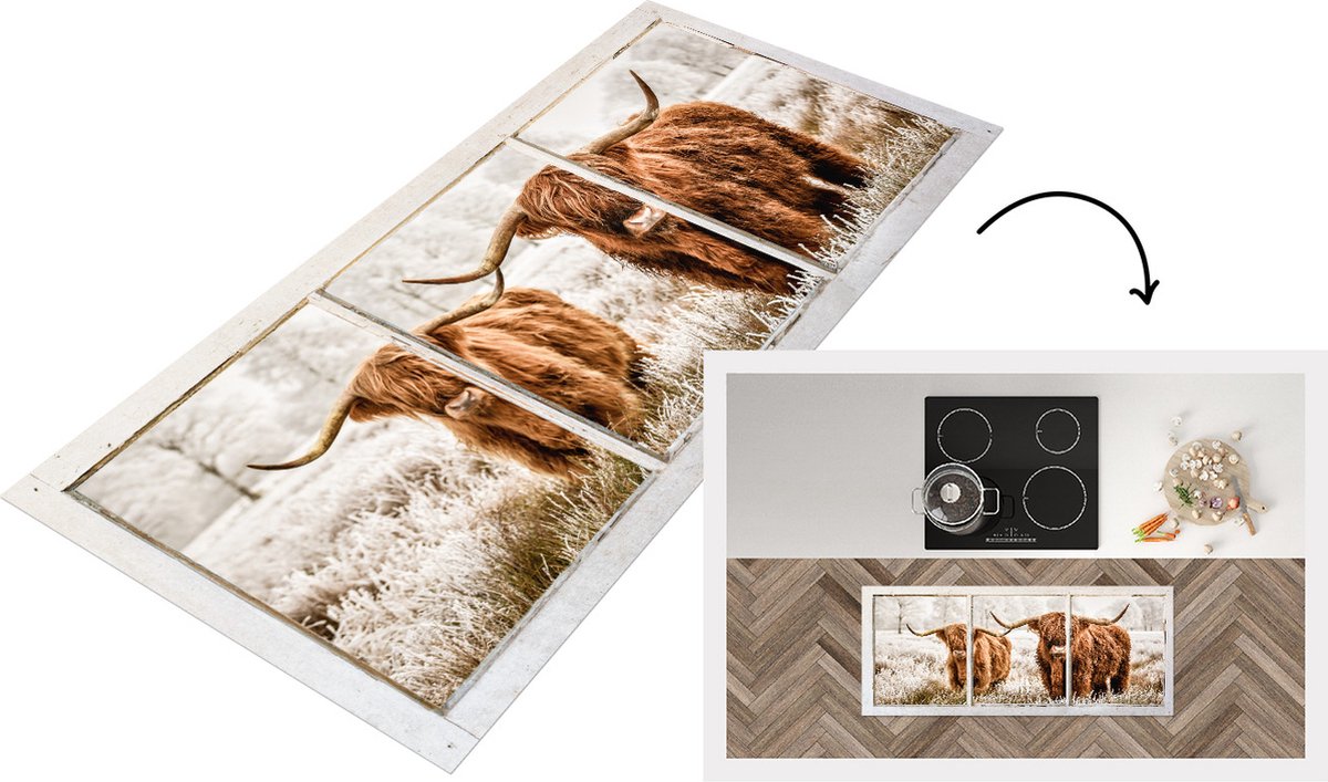 KitchenYeah Keukenloper - Loper keuken - Schotse hooglander - Koe - Doorkijk - 120x50 cm - Keukenloper vinyl Multicolor