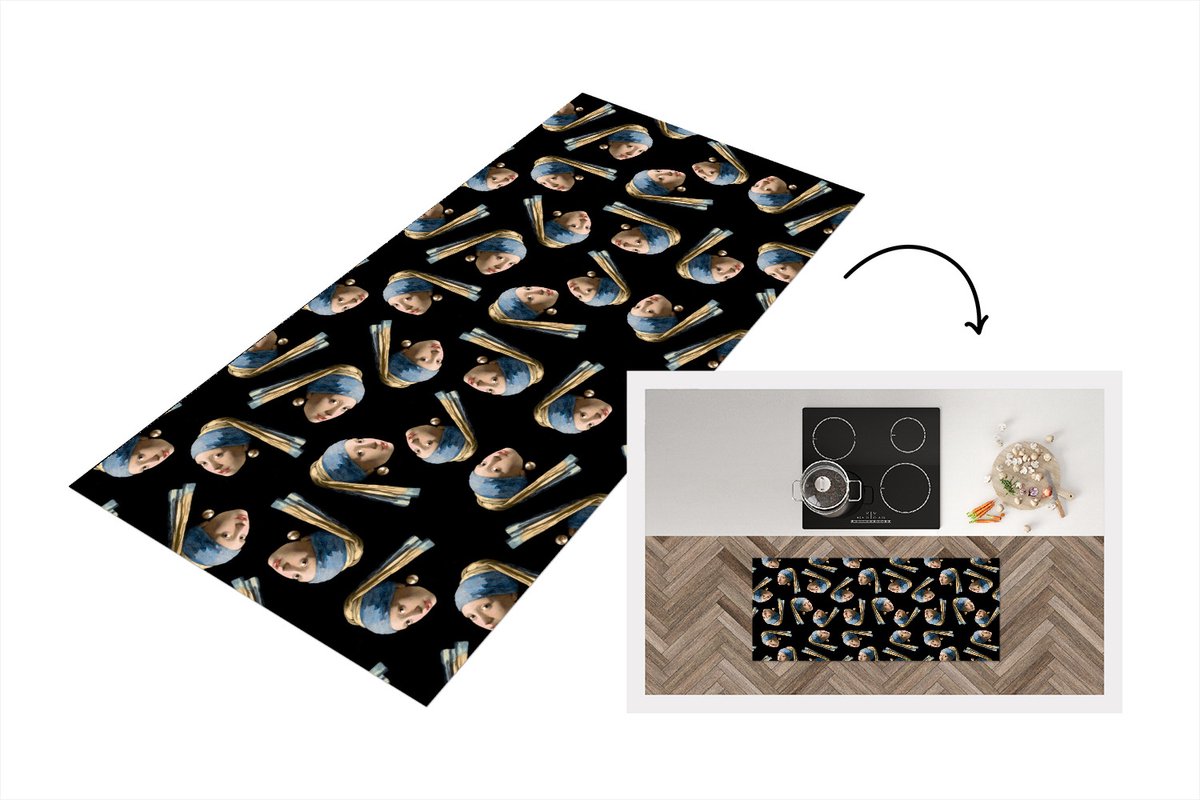 KitchenYeah Keukenloper - Loper keuken - Meisje met de parel - Vermeer - Patronen - 120x50 cm - Keukenloper vinyl Multicolor