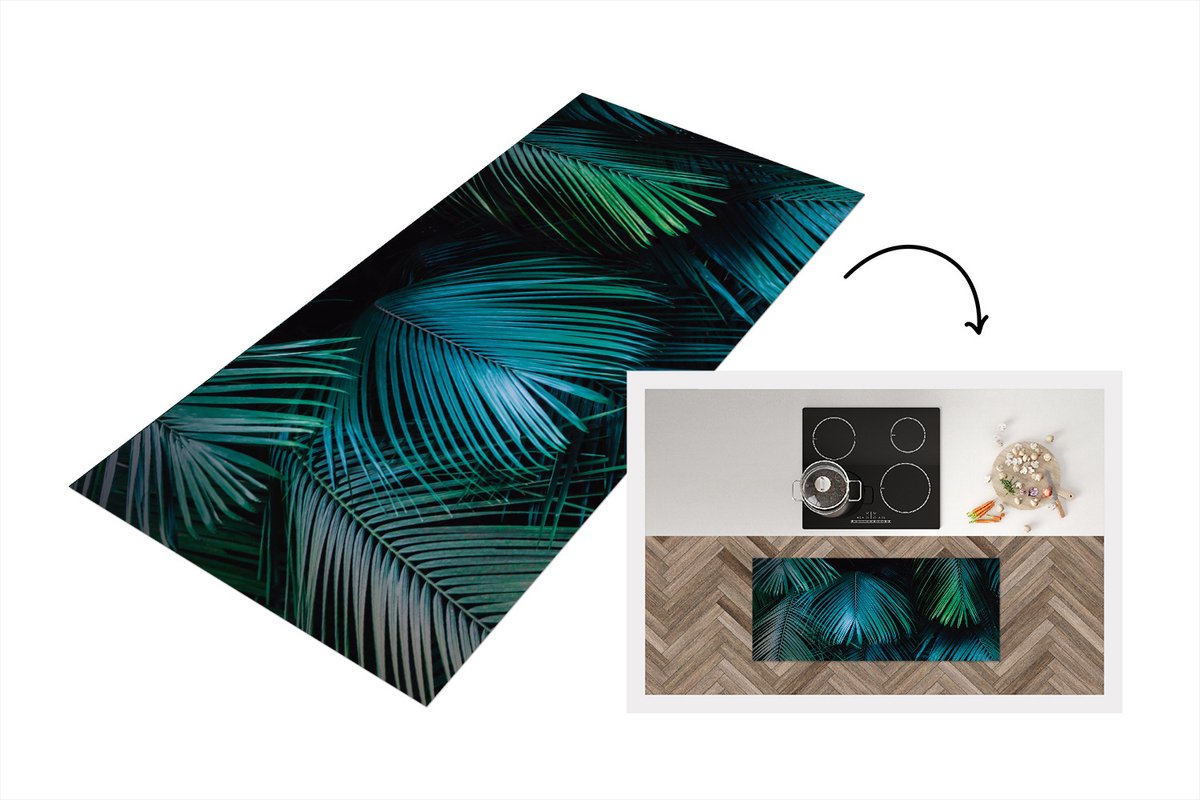 KitchenYeah Keukenloper - Loper keuken - Jungle - Palmboom - Groen - Blauw - 120x50 cm - Keukenloper vinyl Multicolor