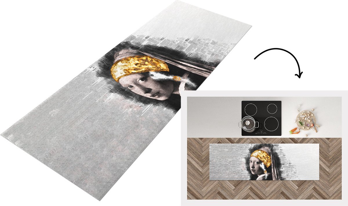 KitchenYeah Keukenloper - Loper keuken - Meisje met de parel - Aquarelverf - Goud - 150x50 cm - Keukenloper vinyl Multicolor