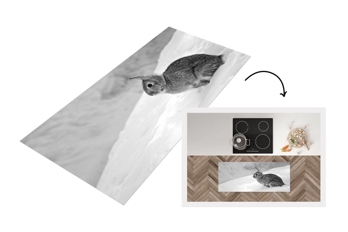 KitchenYeah Keukenloper - Loper keuken - Wild konijn in de sneeuw - zwart wit - 120x50 cm - Keukenloper vinyl Zwart; Wit
