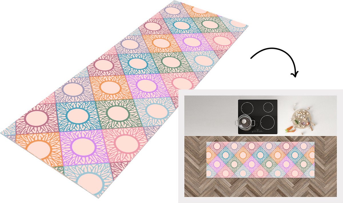 KitchenYeah Keukenloper - Loper keuken - Zonnebloem - Ruit - Patronen - 150x50 cm - Keukenloper vinyl Multicolor