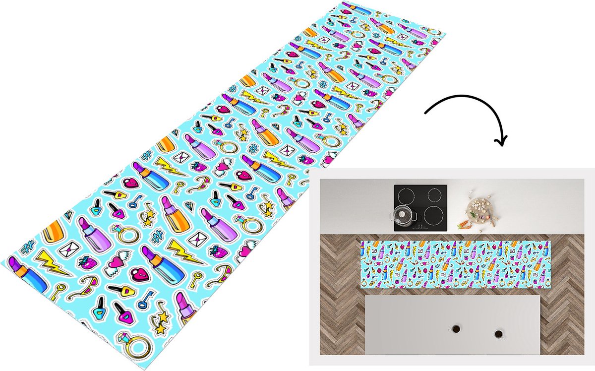 KitchenYeah Keukenloper - Loper keuken - Design - Sticker - Make Up - Ringen - 200x50 cm - Keukenloper vinyl Multicolor