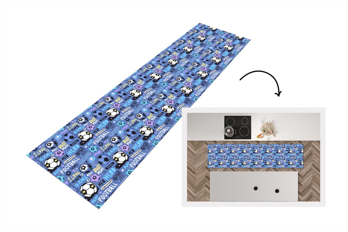 Keukenloper - Loper keuken - Patronen - Voetbal - Blauw - 240x60 cm - Keukenloper vinyl