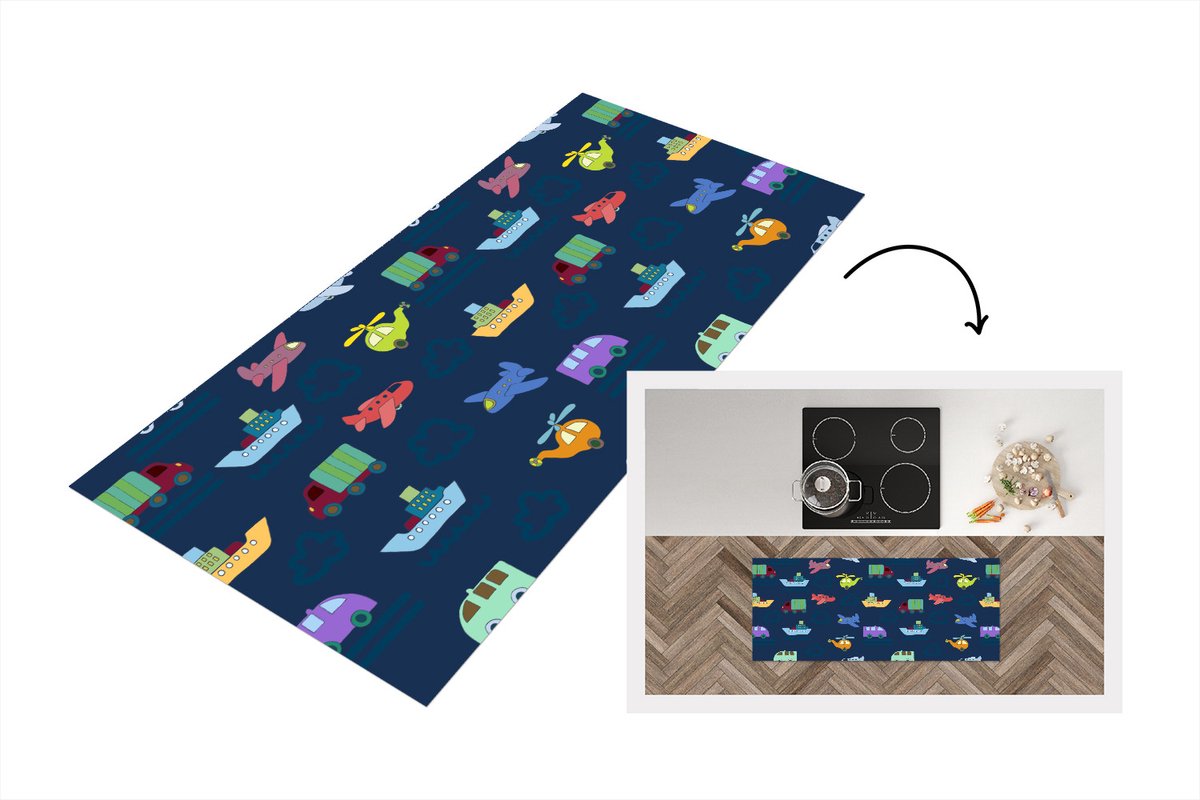 KitchenYeah Keukenloper - Loper keuken - Patronen - Vliegtuig - Boot - Vrachtwagen - 120x50 cm - Keukenloper vinyl Multicolor
