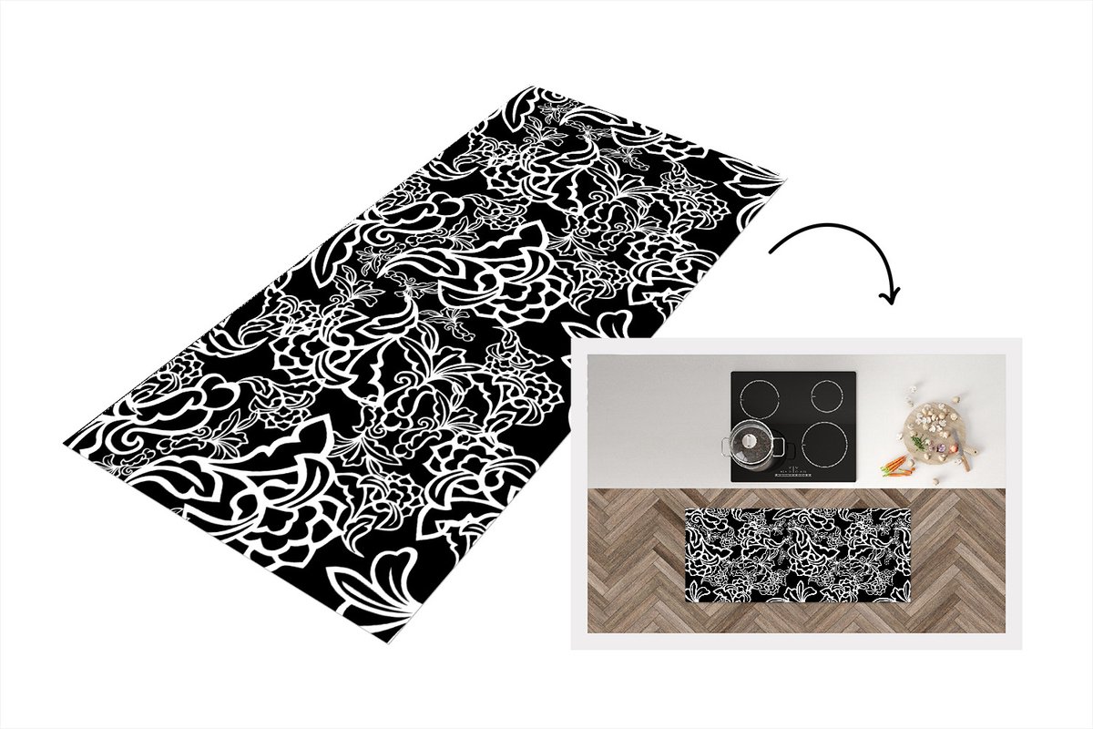 KitchenYeah Keukenloper - Loper keuken - Patronen - Bloem - Zwart Wit - 120x50 cm - Keukenloper vinyl Zwart; Wit