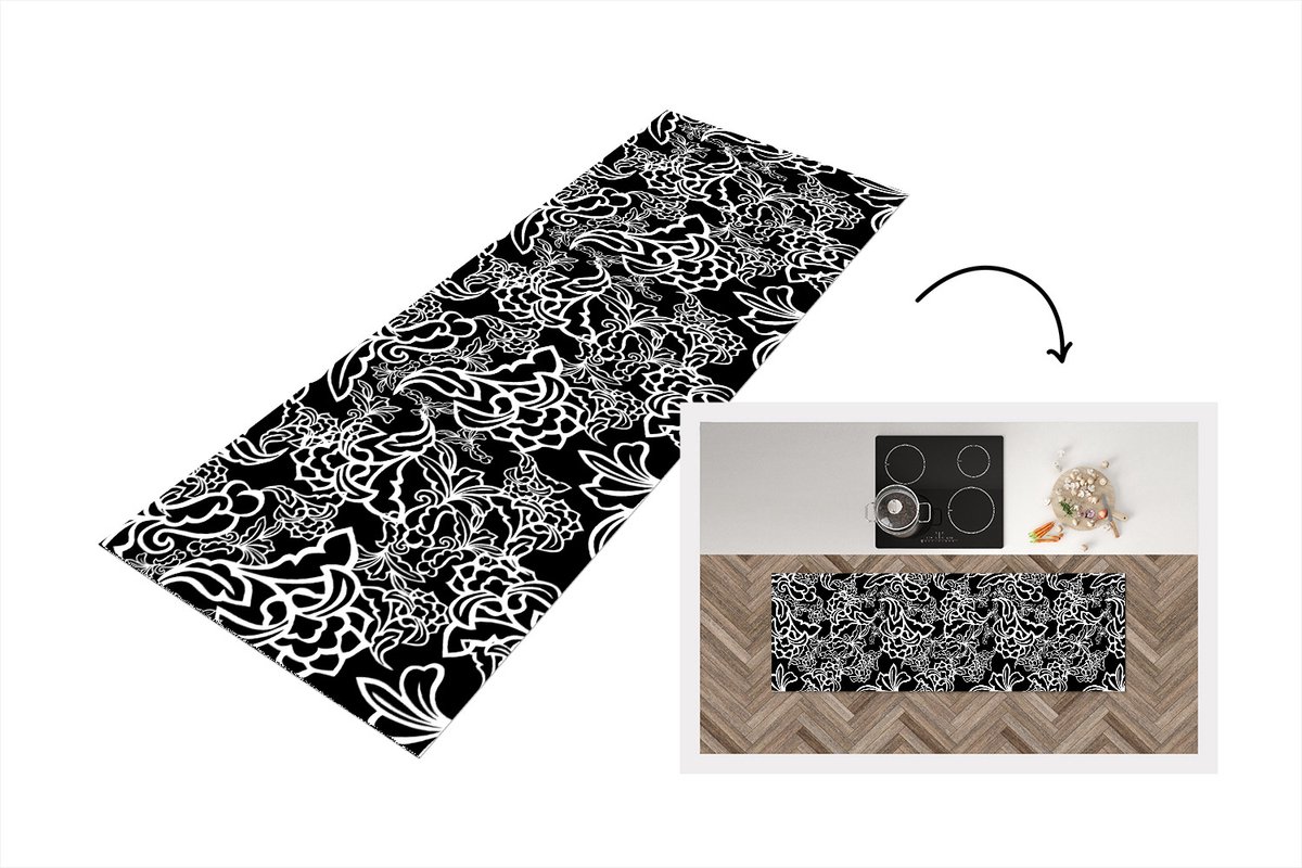 KitchenYeah Keukenloper - Loper keuken - Patronen - Bloem - Zwart Wit - 150x50 cm - Keukenloper vinyl Zwart; Wit