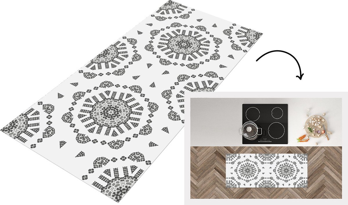 KitchenYeah Keukenloper - Loper keuken - Mandala - Patronen - Zwart Wit - 120x50 cm - Keukenloper vinyl Zwart; Wit