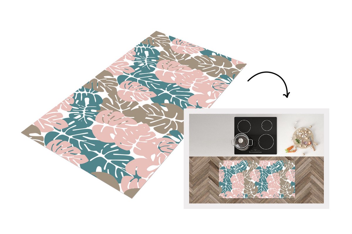 KitchenYeah Keukenloper - Loper keuken - Monstera - Jungle - Patronen - Pastel - Bladeren - 120x60 cm - Keukenloper vinyl Multicolor