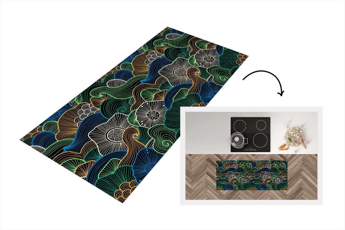 KitchenYeah Keukenloper - Loper keuken - Patroon - Bloemen - Glow - 120x50 cm - Keukenloper vinyl Multicolor