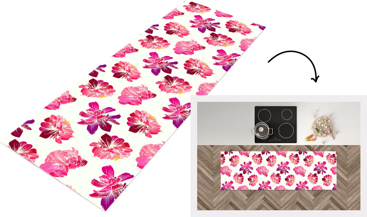 KitchenYeah Keukenloper - Loper keuken - Bloemen - Roze - Patroon - 180x60 cm - Keukenloper vinyl Multicolor