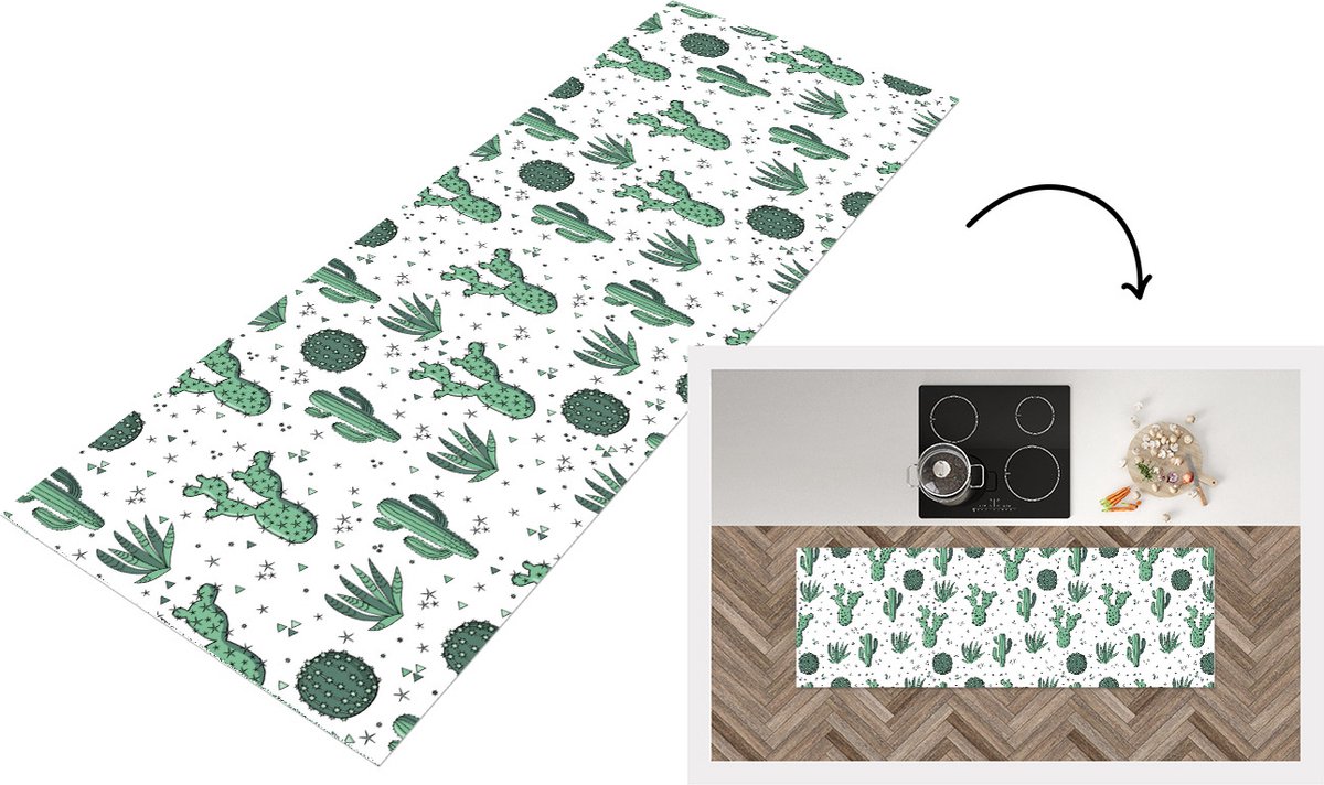 KitchenYeah Keukenloper - Loper keuken - Patronen - Cactus - Planten - Vetplant - 180x60 cm - Keukenloper vinyl Multicolor