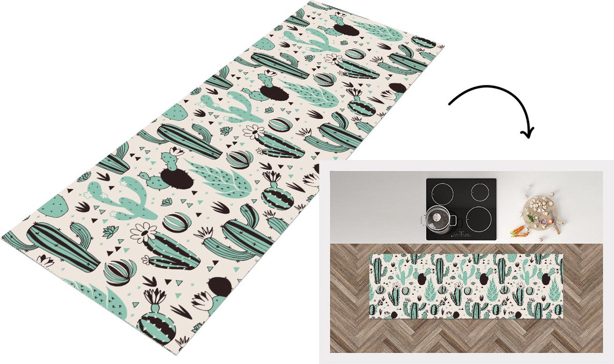 KitchenYeah Keukenloper - Loper keuken - Cactus - Patroon - Bloemen - 150x50 cm - Keukenloper vinyl Multicolor