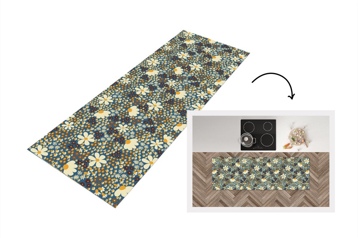 KitchenYeah Keukenloper - Loper keuken - Bloemen - Patroon - Madelief - 150x50 cm - Keukenloper vinyl Multicolor