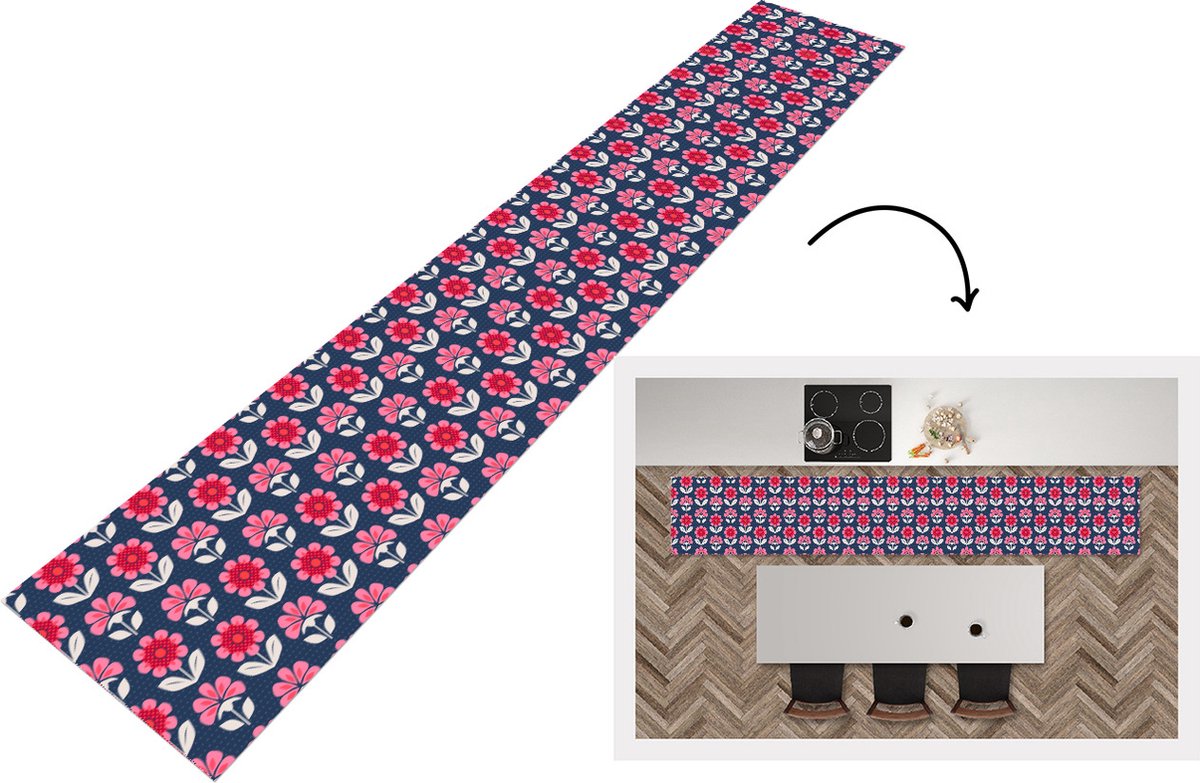 KitchenYeah Keukenloper - Loper keuken - Bloemen - Patroon - Rood - 300x50 cm - Keukenloper vinyl Multicolor
