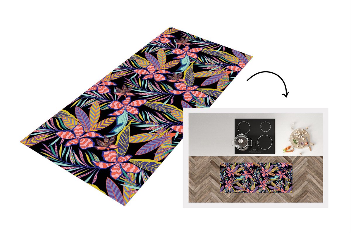 KitchenYeah Keukenloper - Loper keuken - Hawaii - Regenboog - Bloemen - Bladeren - Psychedelisch - 120x50 cm - Keukenloper vinyl Multicolor