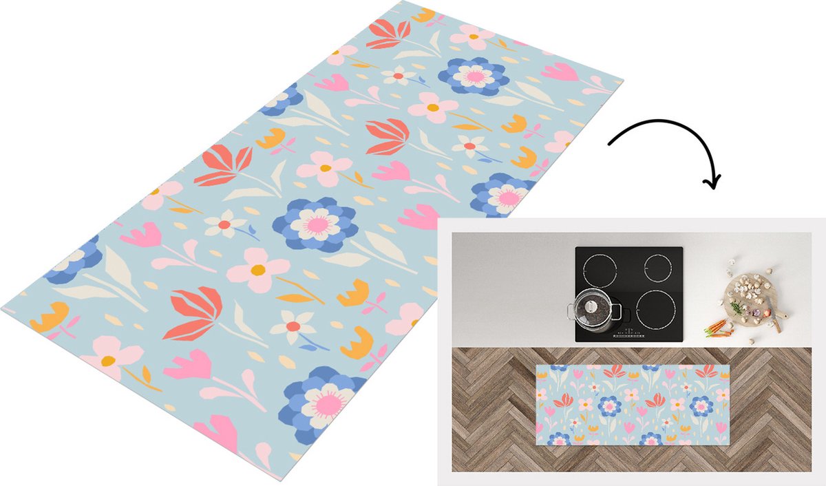 KitchenYeah Keukenloper - Loper keuken - Bloemen - Planten - Patroon - 120x50 cm - Keukenloper vinyl Multicolor