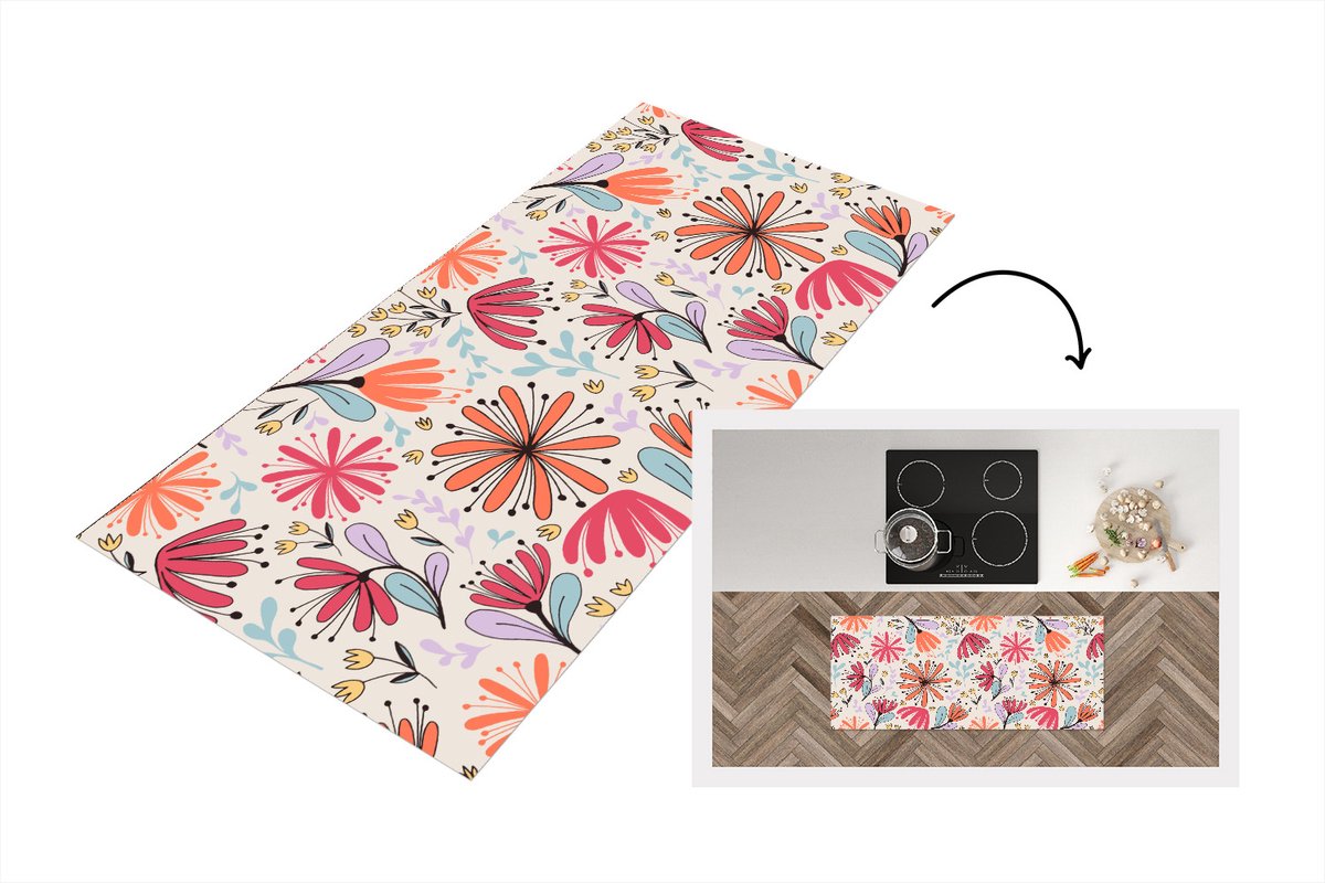 KitchenYeah Keukenloper - Loper keuken - Bloemen - Regenboog - Design - 120x50 cm - Keukenloper vinyl Multicolor