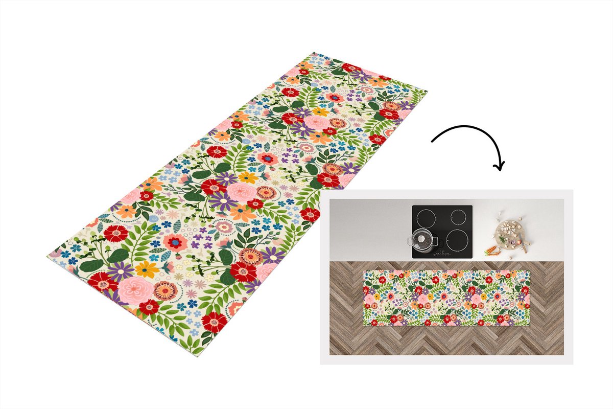 KitchenYeah Keukenloper - Loper keuken - Bladeren - Bloemen - Design - 150x50 cm - Keukenloper vinyl Multicolor