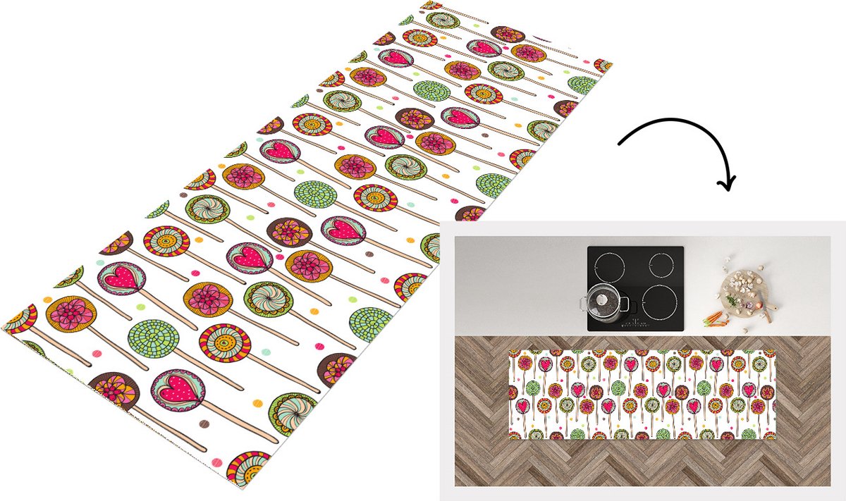 KitchenYeah Keukenloper - Loper keuken - Patroon - Lolly - Hartjes - Snoep - 180x60 cm - Keukenloper vinyl Multicolor