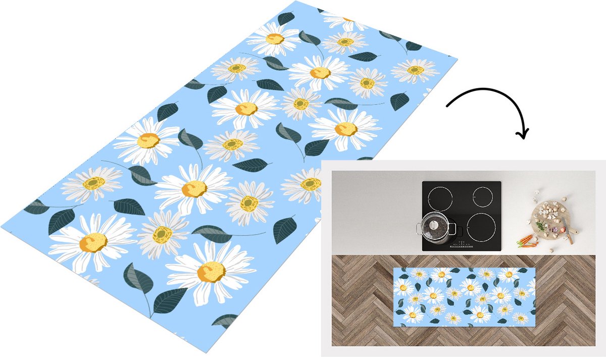 KitchenYeah Keukenloper - Loper keuken - Madeliefjes - Blauw - Patroon - 120x50 cm - Keukenloper vinyl Multicolor