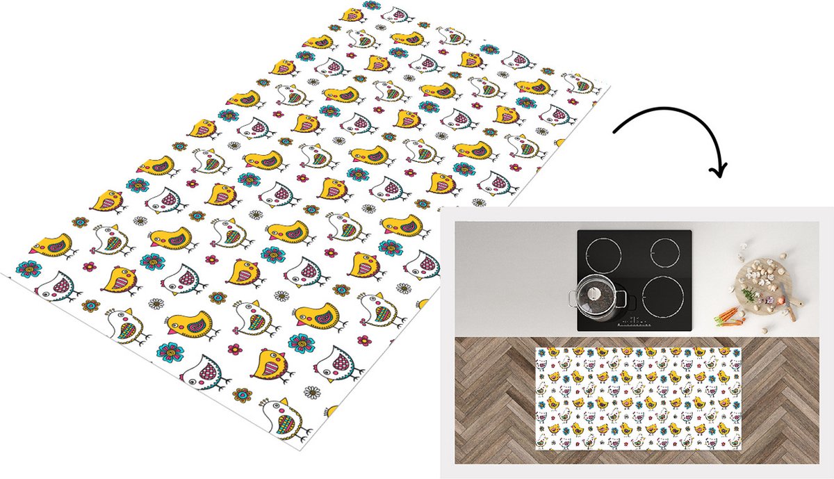 KitchenYeah Keukenloper - Loper keuken - Kip - Bloemen - Lente - Patronen - Kinderen - 120x60 cm - Keukenloper vinyl Multicolor