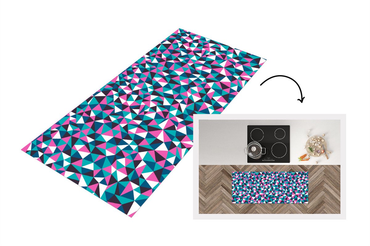 KitchenYeah Keukenloper - Loper keuken - Geometrie - Roze - Blauw - Wit - Patronen - Keukenloper vinyl Multicolor