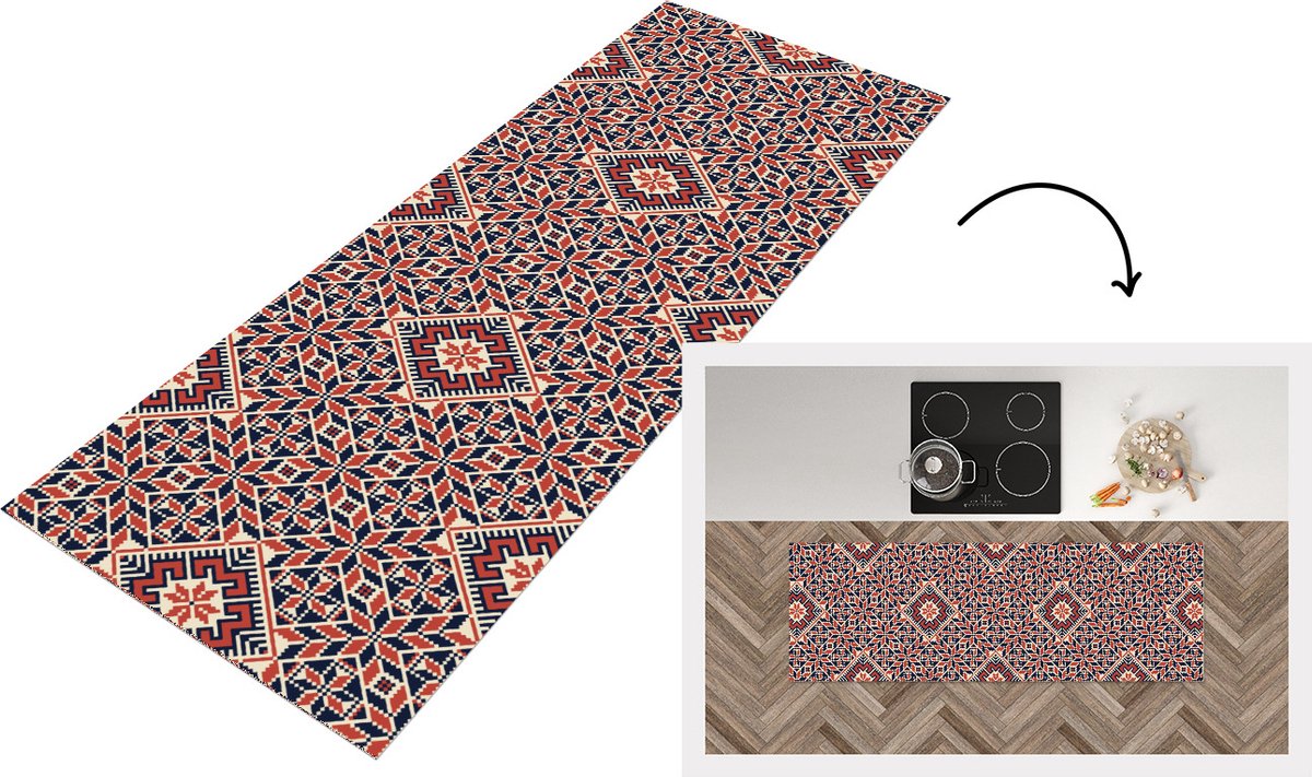 KitchenYeah Keukenloper - Loper keuken - Design - Borduren - Motief - Patronen - 180x60 cm - Keukenloper vinyl Multicolor