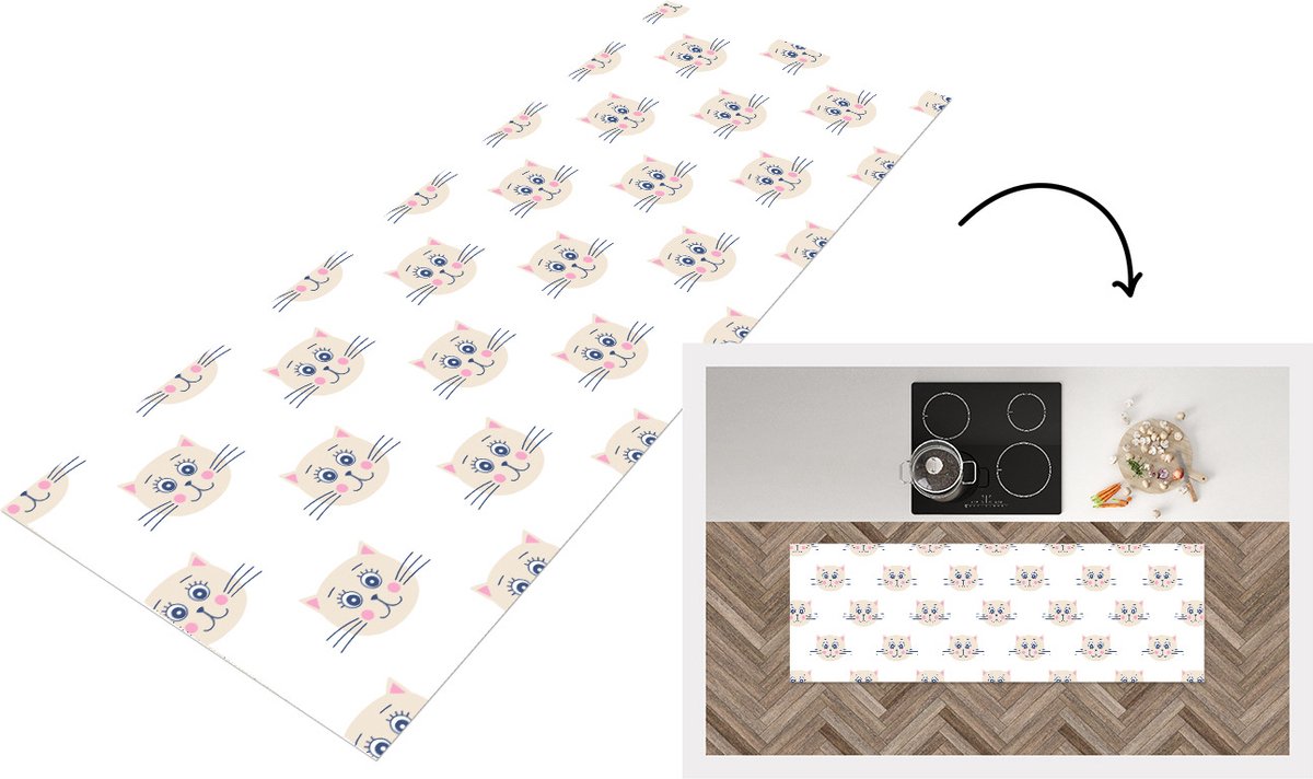 KitchenYeah Keukenloper - Loper keuken - Katten - Meisje - Pastel - Patroon - Kinderen - 150x50 cm - Keukenloper vinyl Multicolor