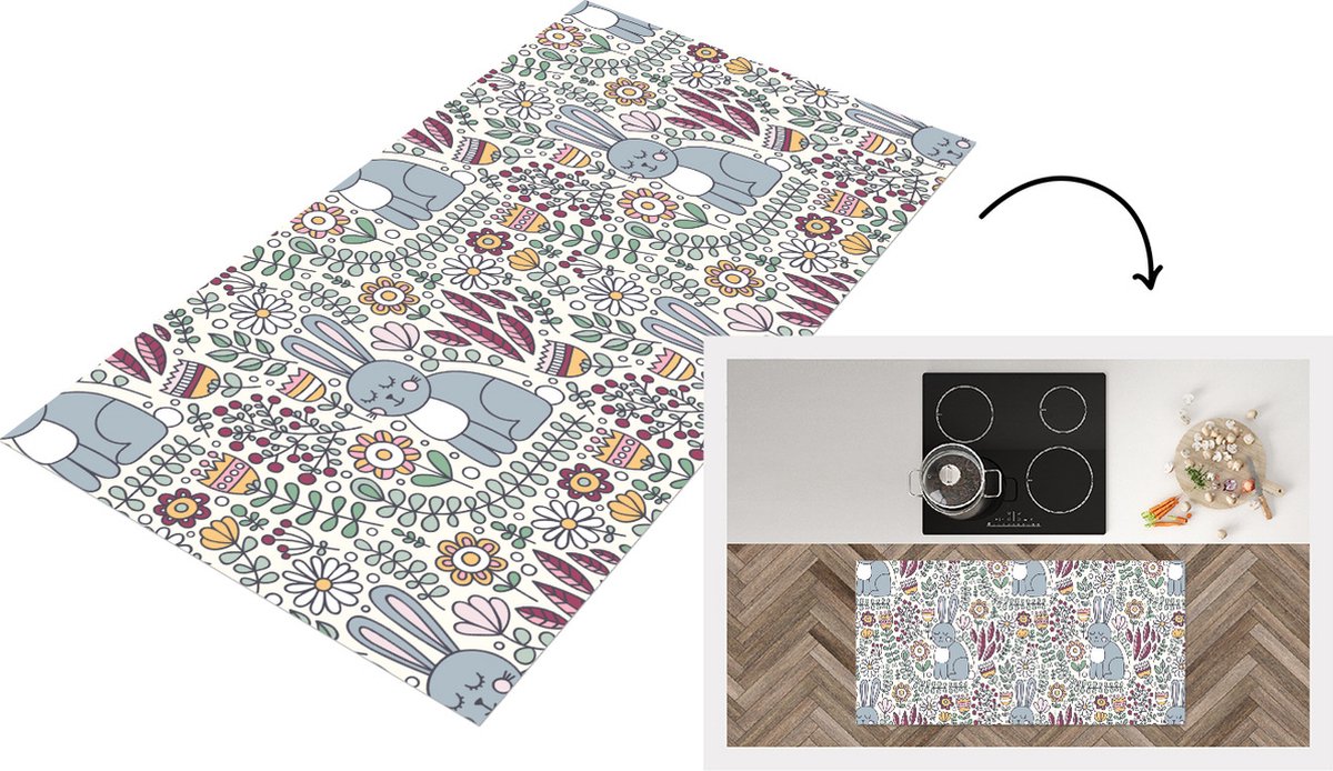 KitchenYeah Keukenloper - Loper keuken - Konijn - Bloemen - regenboog - Kinderen - Design - 120x60 cm - Keukenloper vinyl Multicolor