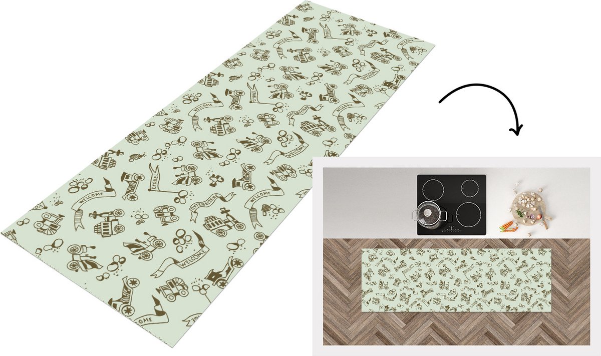 KitchenYeah Keukenloper - Loper keuken - Vintage - Auto - Oldtimer - Jongen - Patroon - 180x60 cm - Keukenloper vinyl Multicolor