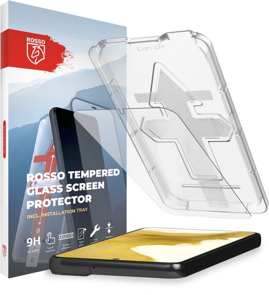 Verpakking van Rosso gehard glas screenprotector met een installatietray en een telefoon.