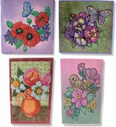 Cards & Crafts - Diamond Painting kaarten - Wenskaarten Set van 4 bloemen kaarten - Hobbypakket - volledig Diamond painting pakket