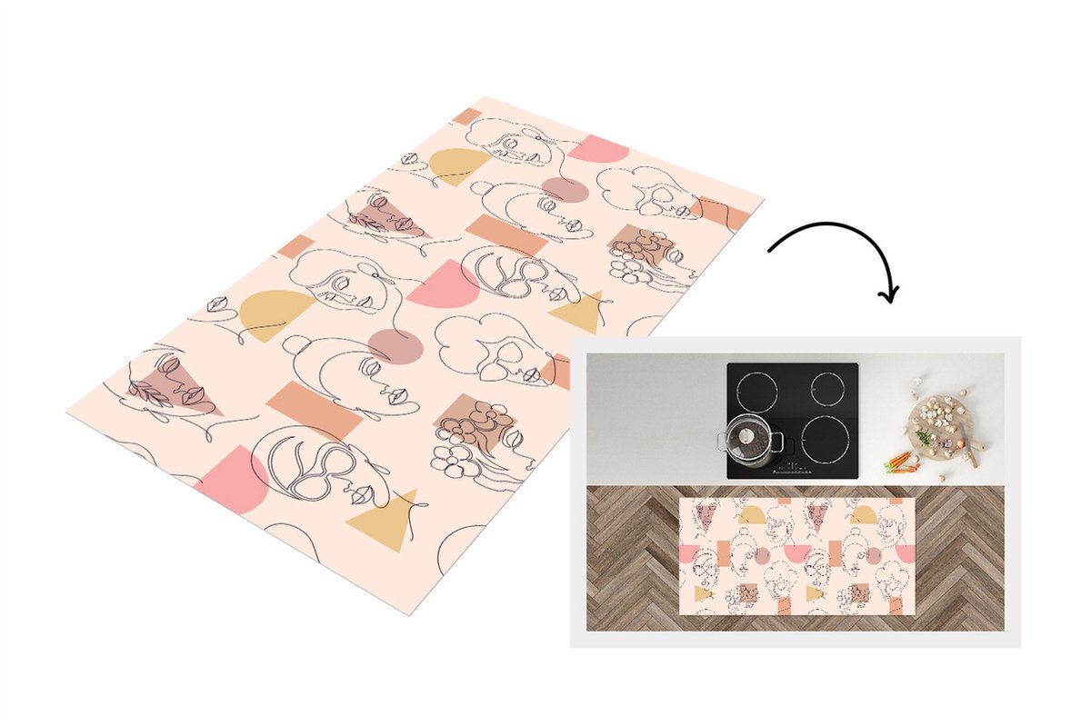 KitchenYeah Keukenloper - Loper keuken - Line Art - Gezicht - Vrouwen - Patronen - 120x60 cm - Keukenloper vinyl Multicolor
