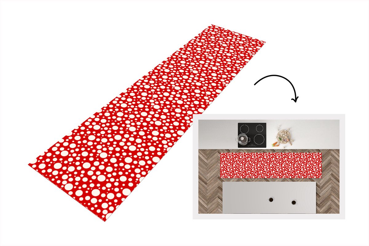 KitchenYeah Keukenloper - Loper keuken - Bubbels - Rood - Stippen - Patroon - 200x50 cm - Keukenloper vinyl Multicolor