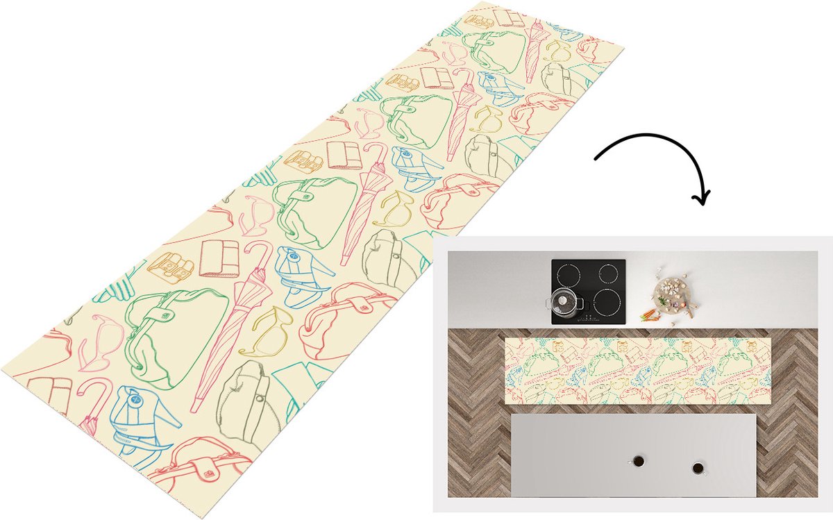 KitchenYeah Keukenloper - Loper keuken - Pastel - Tas - Kleren - Patronen - 200x50 cm - Keukenloper vinyl Multicolor