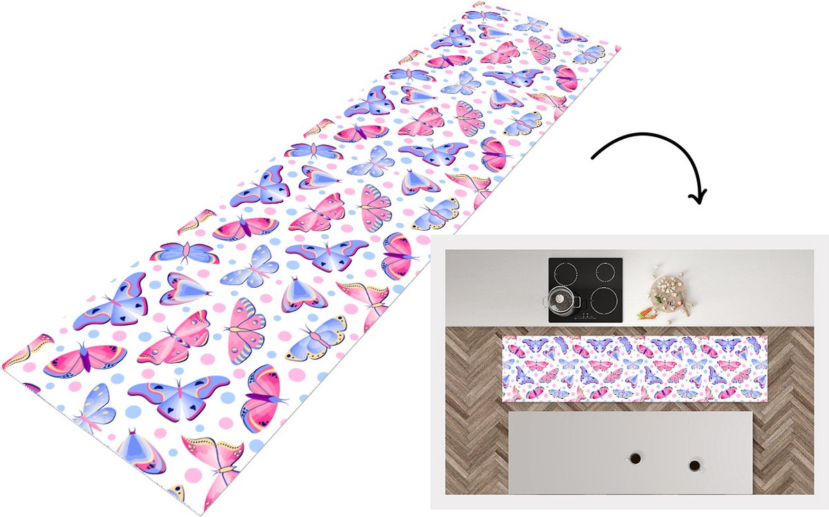 KitchenYeah Keukenloper - Loper keuken - Vlinders - Stippen - Patronen - 200x50 cm - Keukenloper vinyl Multicolor