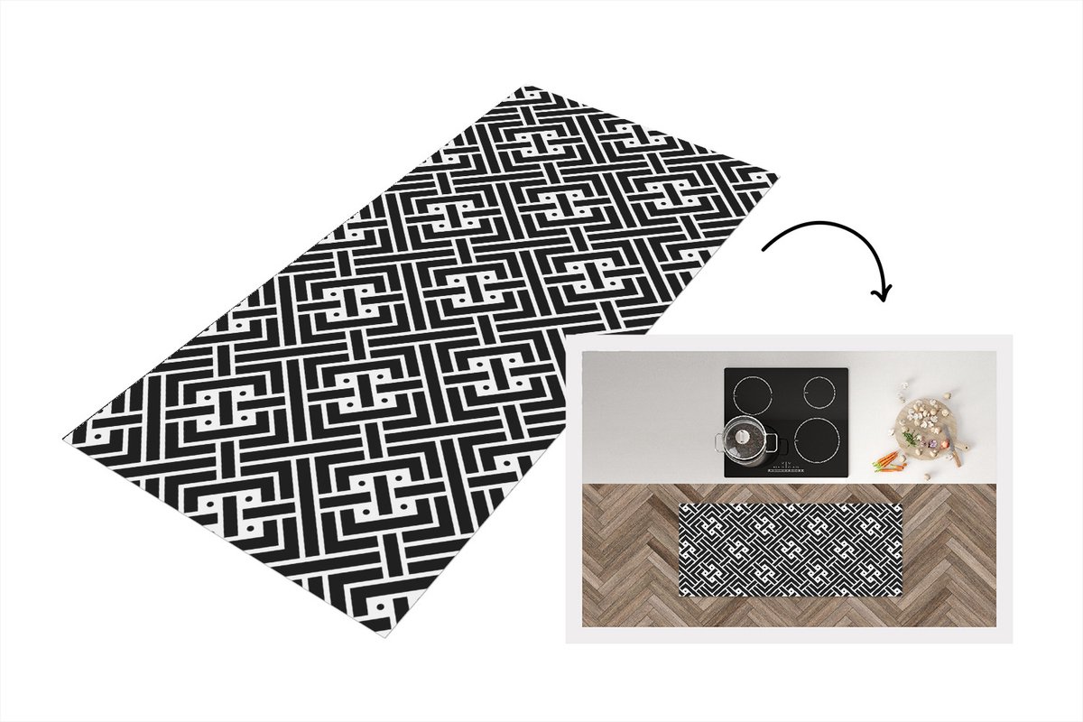 KitchenYeah Keukenloper - Loper keuken - Patronen - Zwart Wit - Doolhof - 120x50 cm - Keukenloper vinyl Zwart; Wit